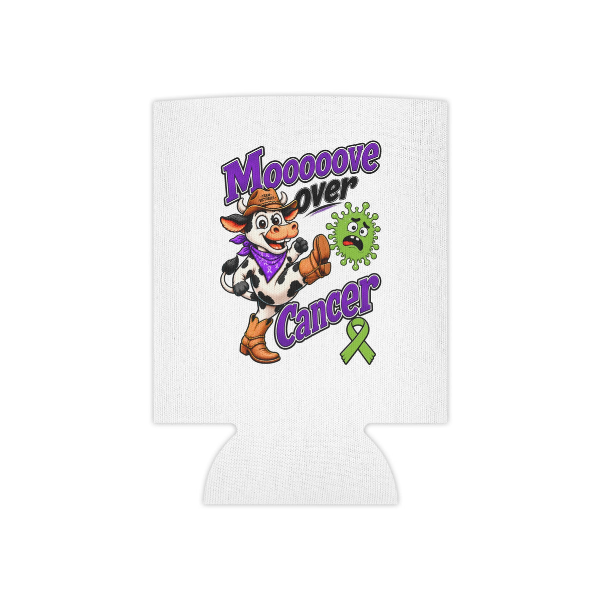 Moooove Over Cancer can cooler with playful cow artwork and green awareness ribbon