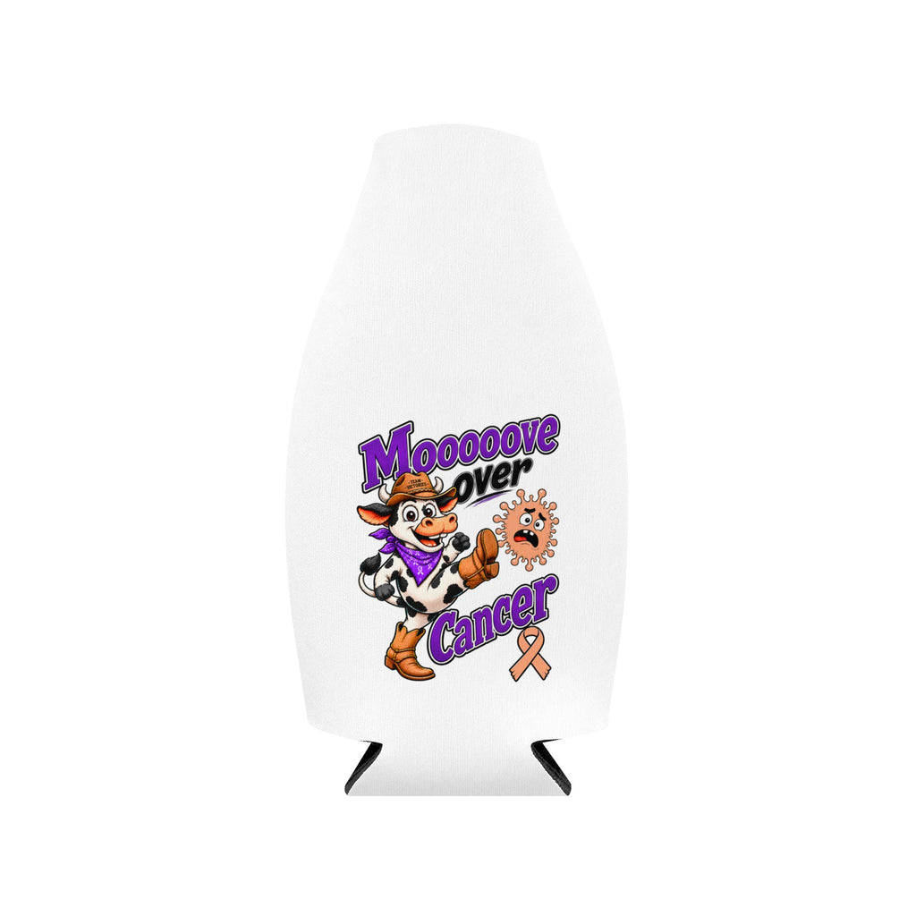 Moooove Over Cancer bottle cooler sleeve with Uterine Cancer awareness ribbon artwork