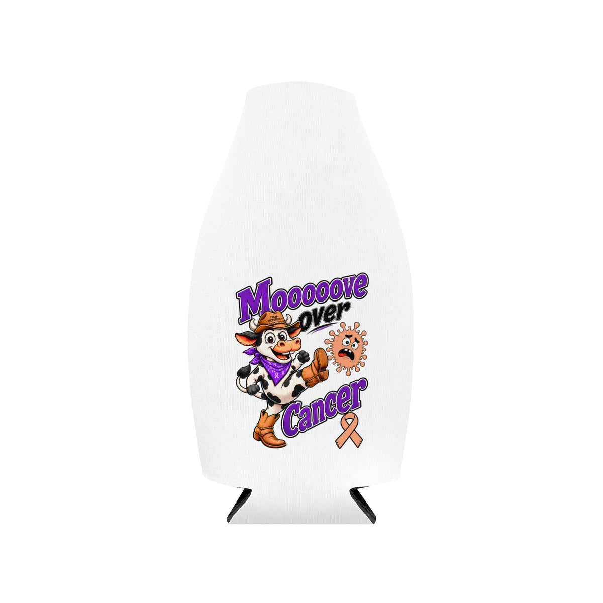 Moooove Over Cancer bottle cooler sleeve with Uterine Cancer awareness ribbon artwork