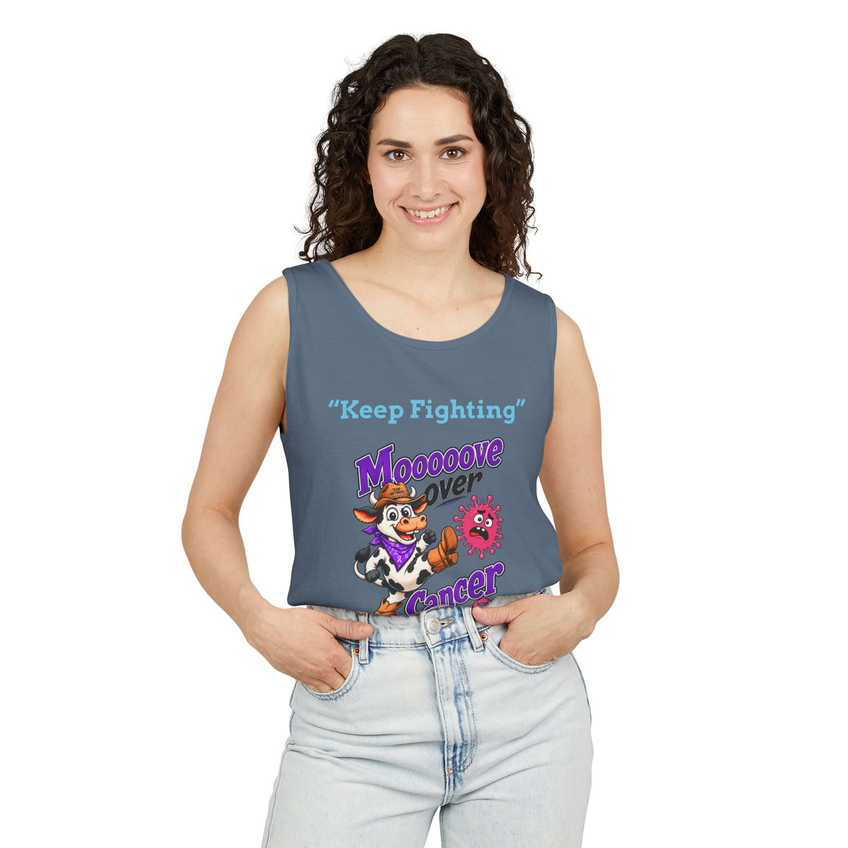 Man modeling gray Moooove Over Cancer tank top with cowgirl awareness graphic