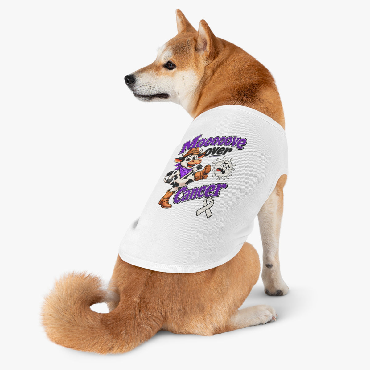 Gray Moooove Over Cancer tank shown on a standing dog with Lung Cancer awareness ribbon