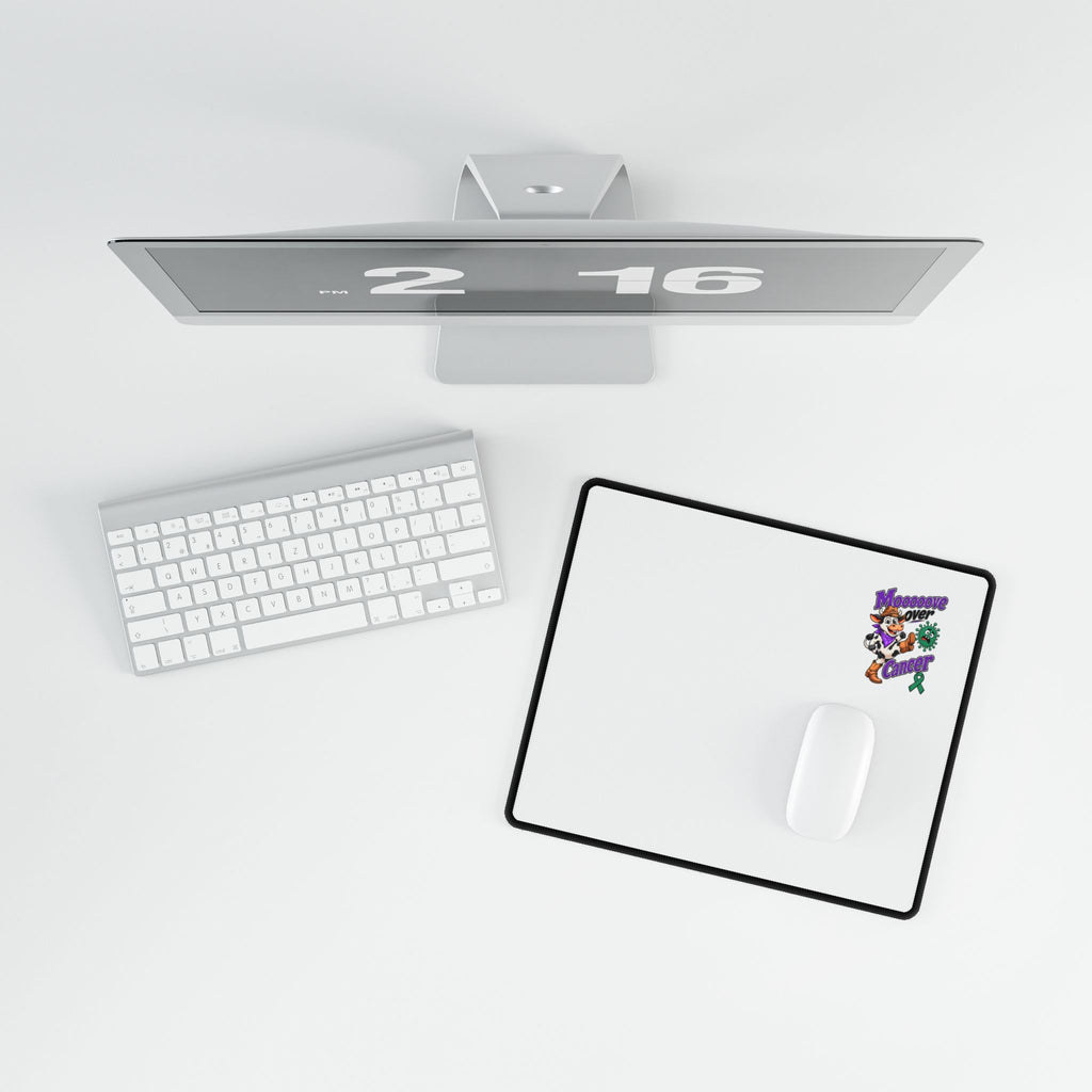 Moooove Over Cancer Liver Cancer awareness ribbon mouse pad in a desktop setup