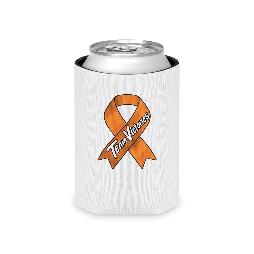 Team Victories orange ribbon can cooler shown holding a regular can