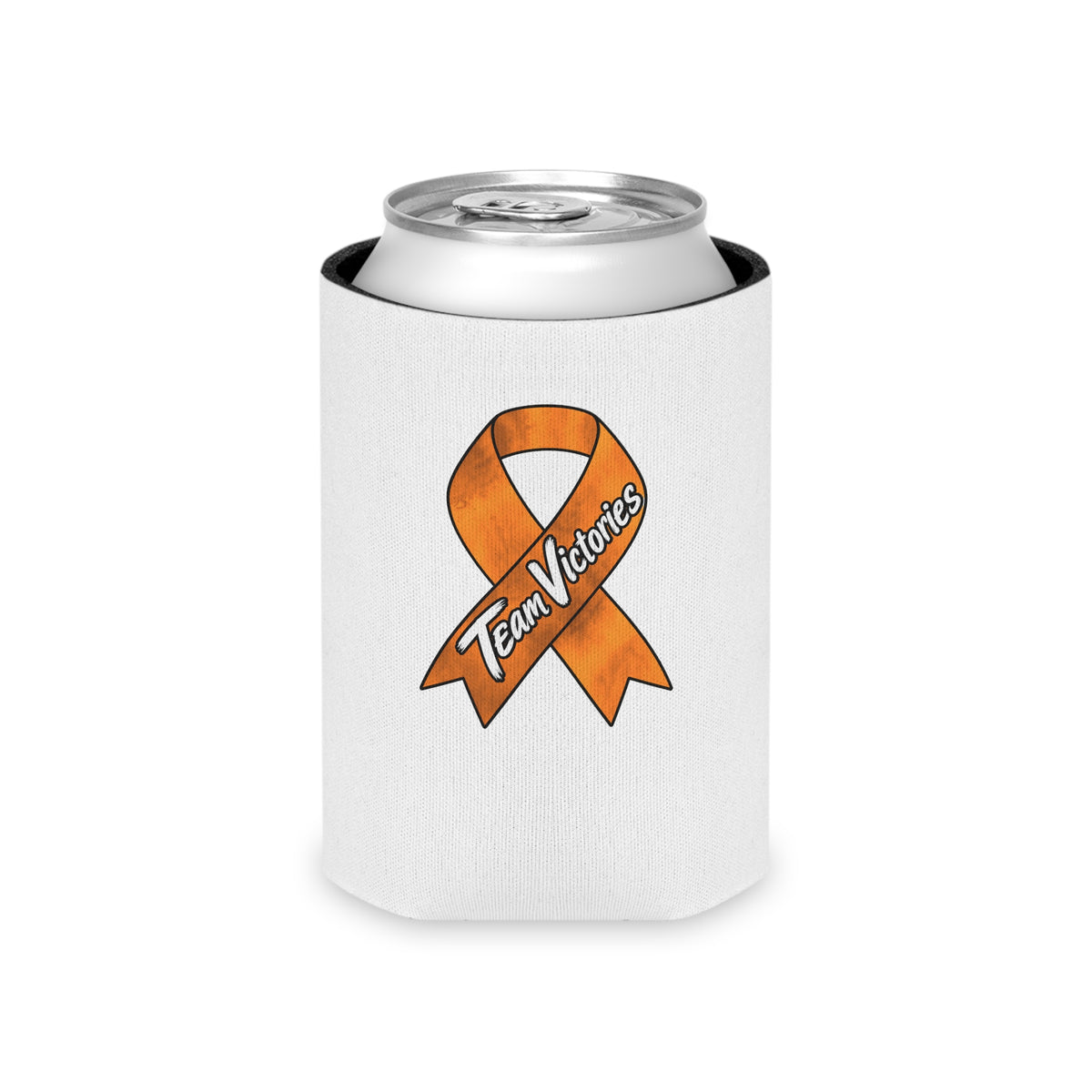 Team Victories orange ribbon can cooler shown holding a regular can