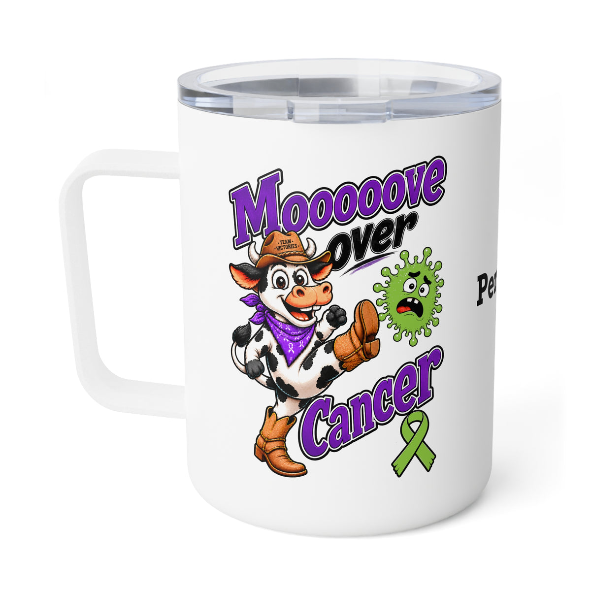 Moooove Over Cancer 10 oz mug with cow character, green ribbon, and Team Victories artwork