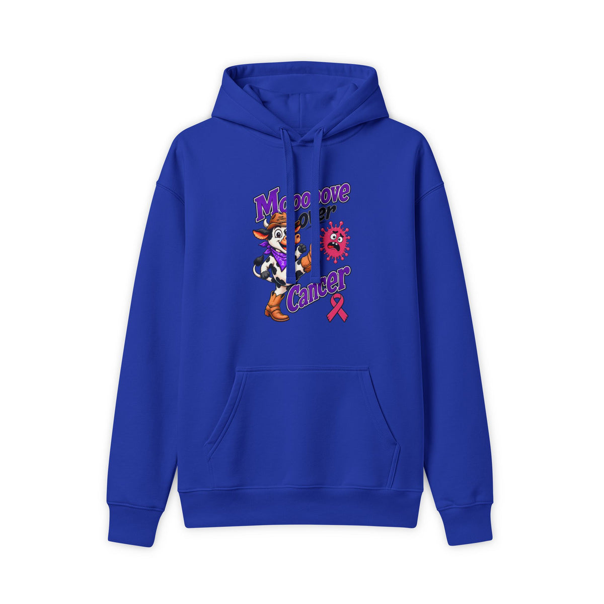 Moooove Over Cancer hoodie with pink Breast Cancer awareness ribbon, blue front view