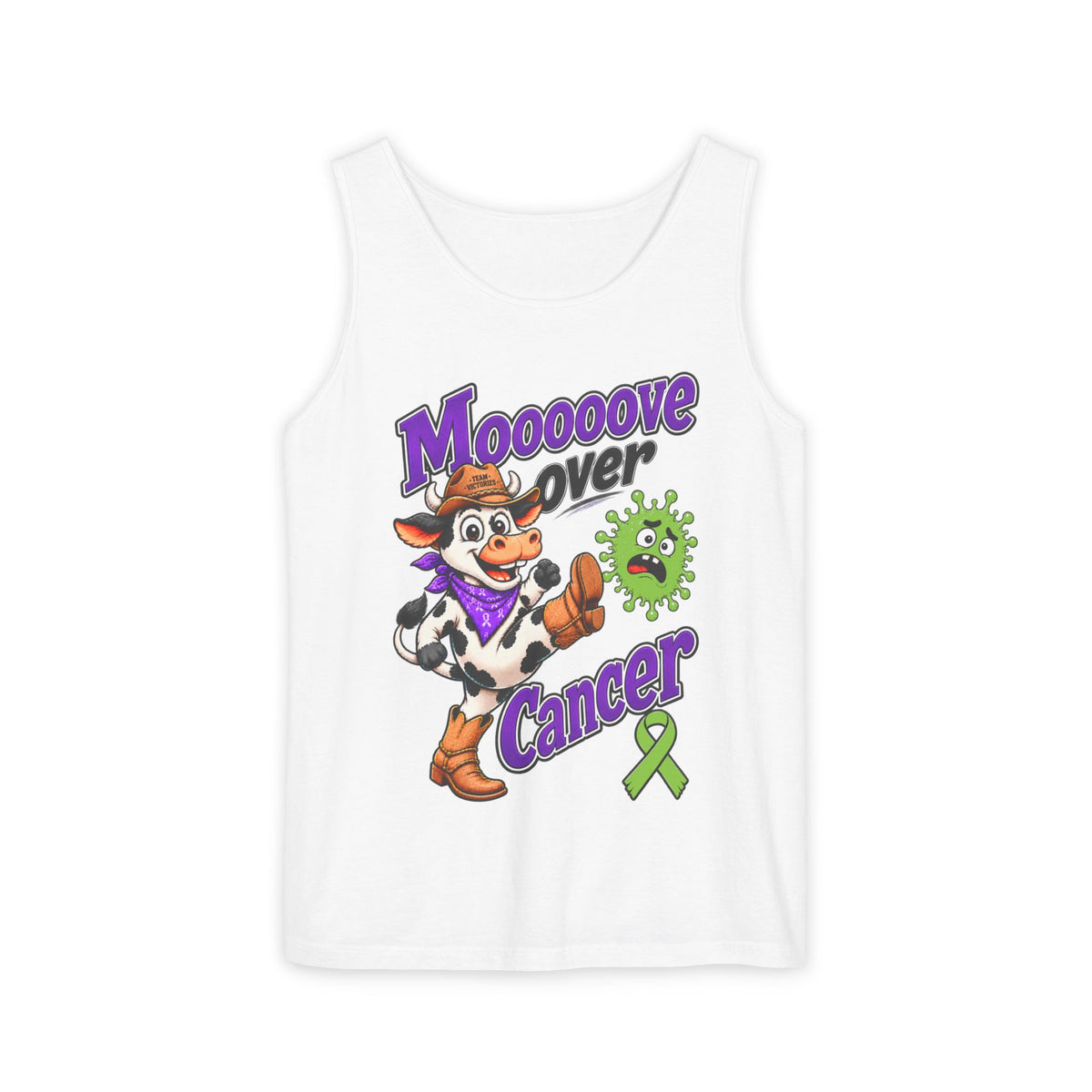 Moooove Over Cancer tank top with cow design and Non-Hodgkin/Lymphoma Cancer awareness ribbon on white
