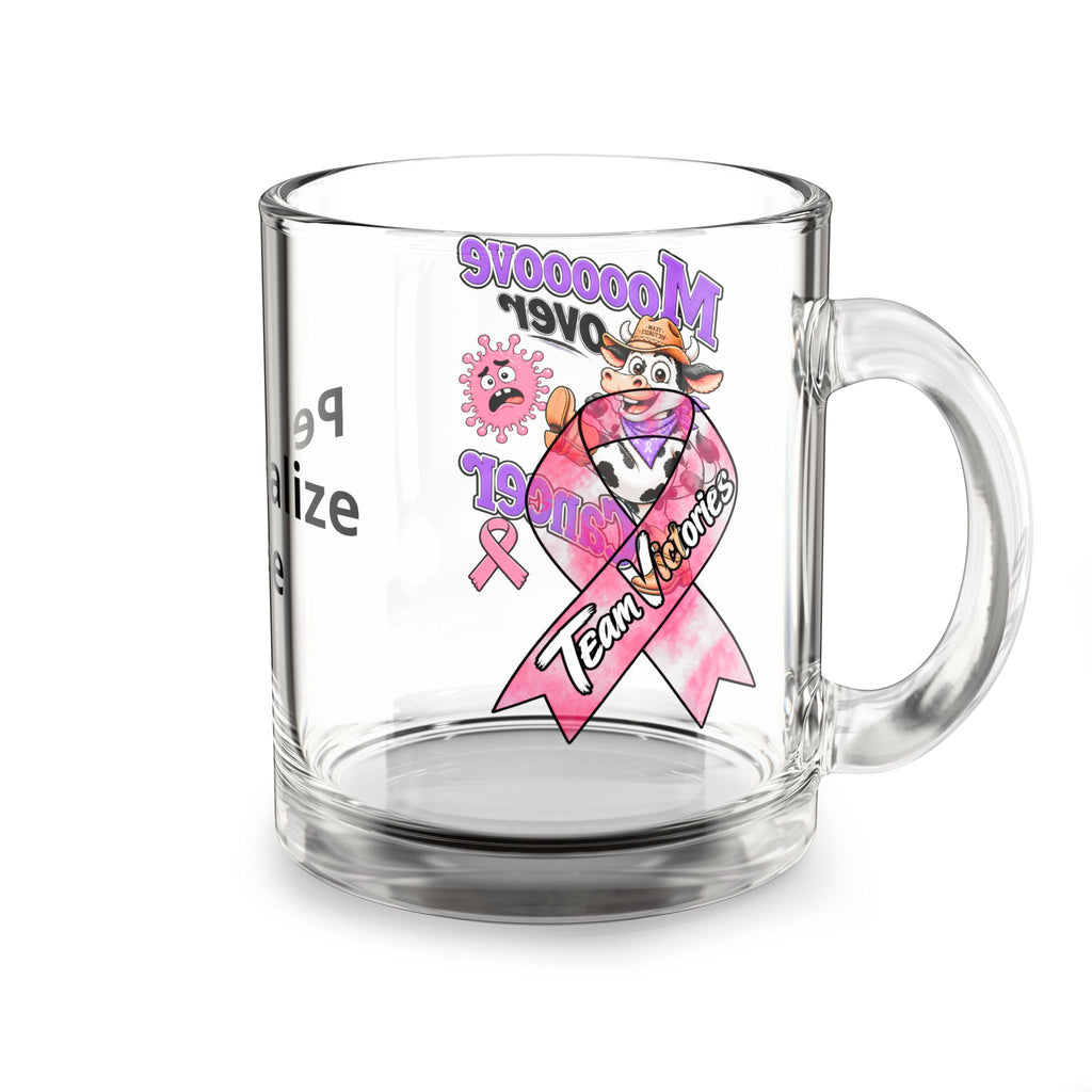 Moooove Over Cancer pink ribbon artwork displayed on the front of a clear glass mug