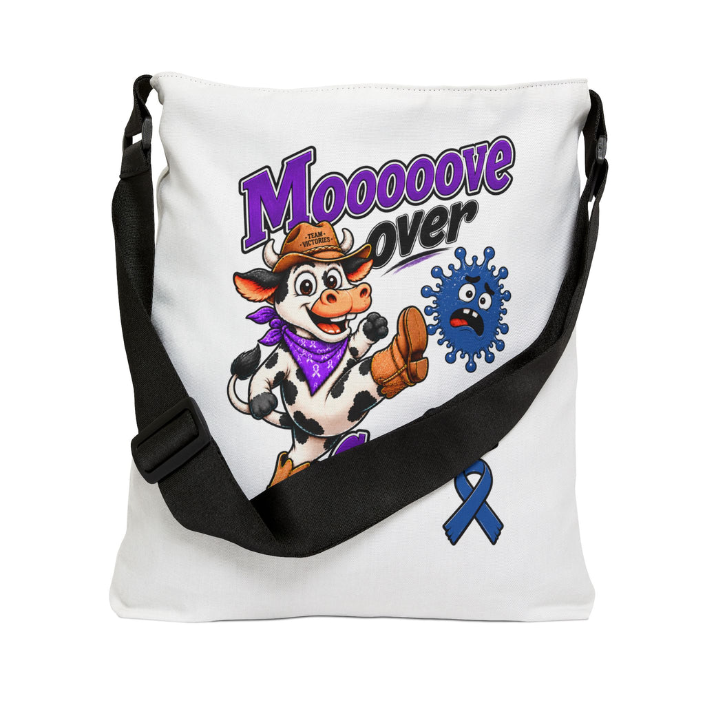 Moooove Over Cancer tote worn crossbody with adjustable black strap