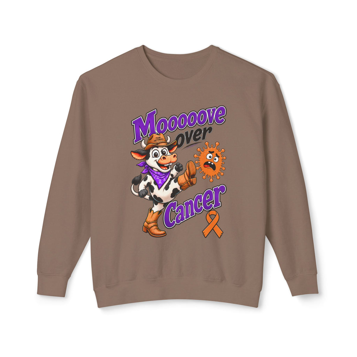 Reverse side of the Moooove Over Cancer crewneck sweatshirt