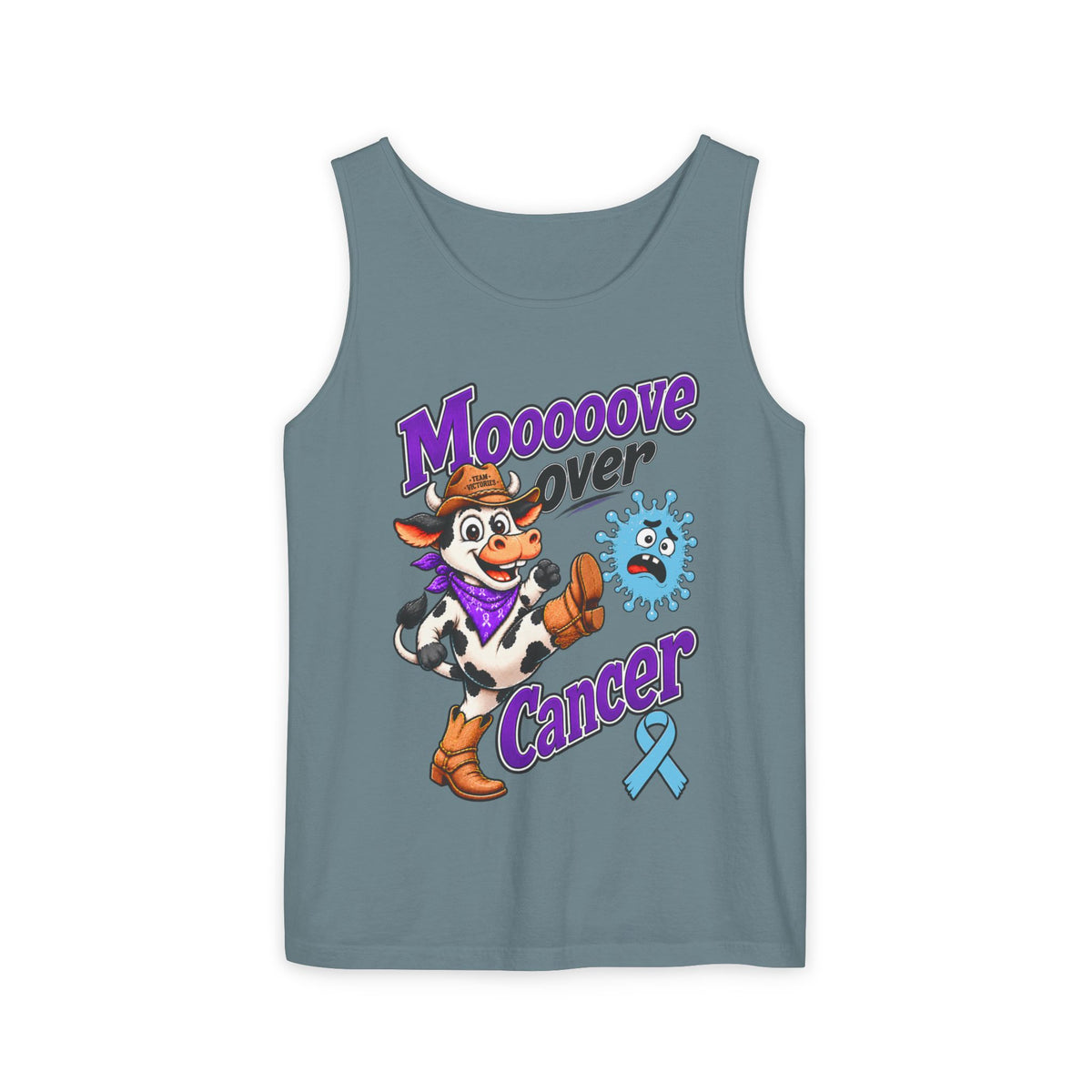 Moooove Over Cancer black tank top with cow graphic and blue Prostate Cancer awareness ribbon