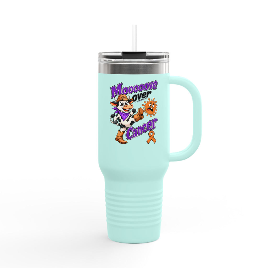 Moooove Over Cancer travel mug in aqua with orange Leukemia/Kidney Cancer awareness ribbon
