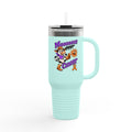 Moooove Over Cancer travel mug in aqua with orange Leukemia/Kidney Cancer awareness ribbon