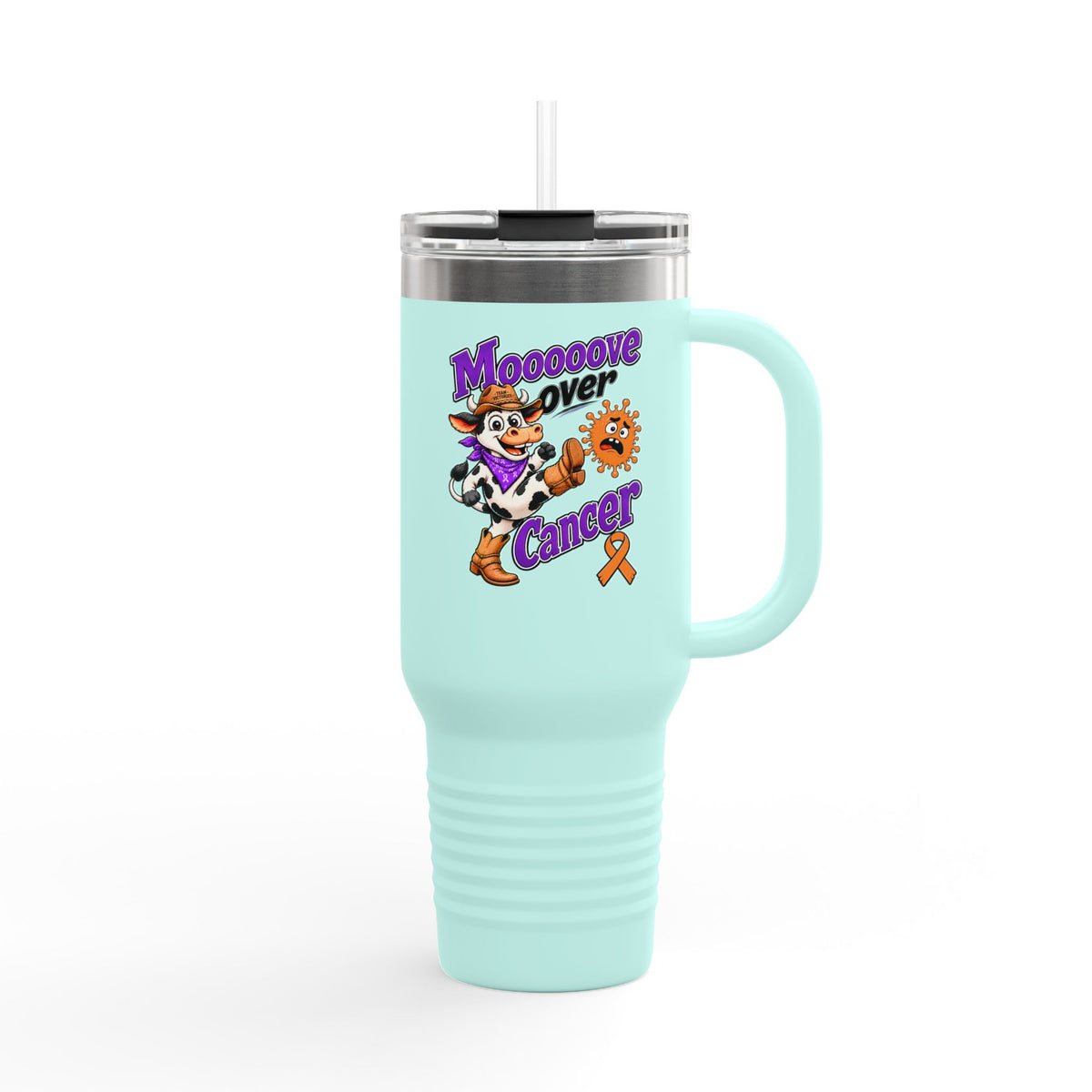 Moooove Over Cancer travel mug in aqua with orange Leukemia/Kidney Cancer awareness ribbon