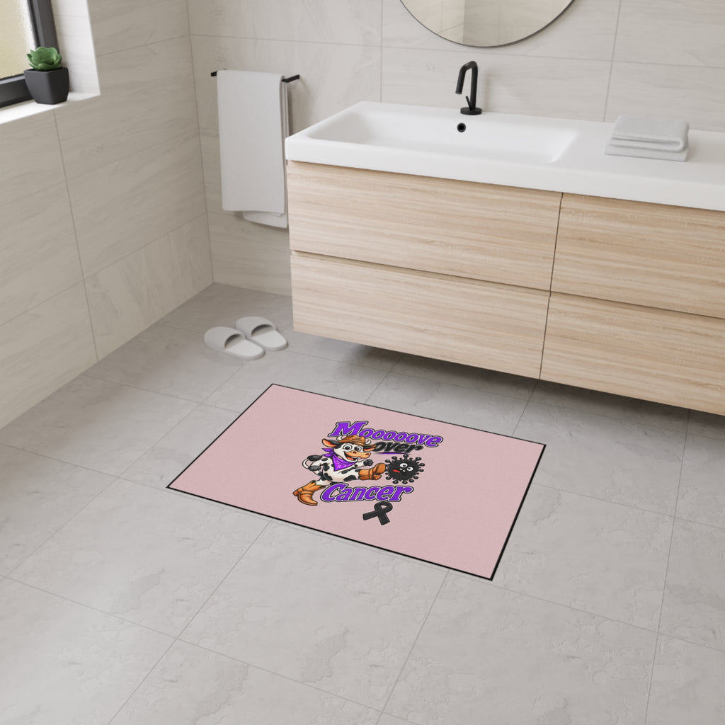 Moooove Over Cancer black ribbon entry rug in a modern bathroom