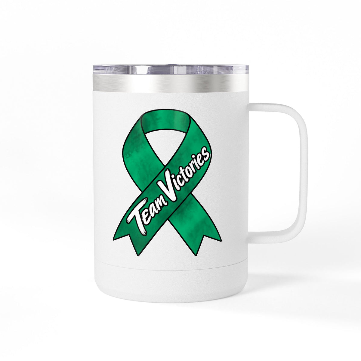 White Team Victories mug displaying a green Liver Cancer awareness ribbon