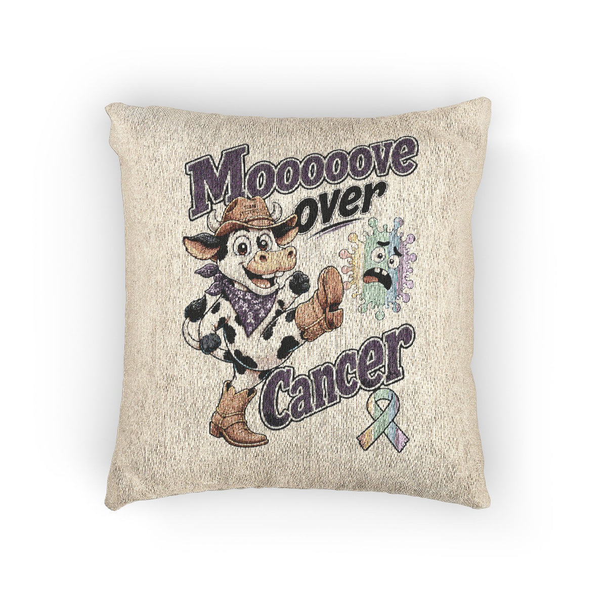 Moooove Over Cancer woven cushion with western cow artwork and cancer awareness ribbon