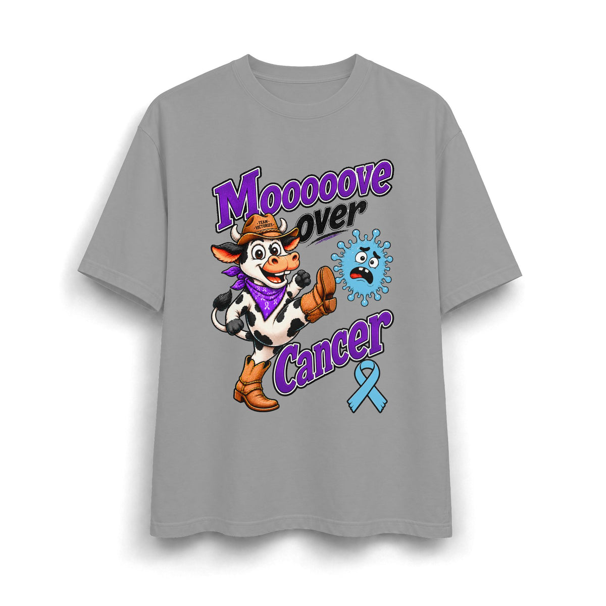 Moooove Over Cancer heavyweight T-shirt in gray with western cow and blue ribbon design