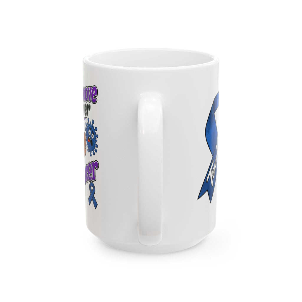 Side view of Moooove Over Cancer mug showing the handle and Colon Cancer awareness ribbon design