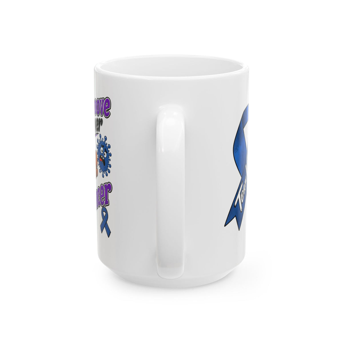 Side view of Moooove Over Cancer mug showing the handle and Colon Cancer awareness ribbon design