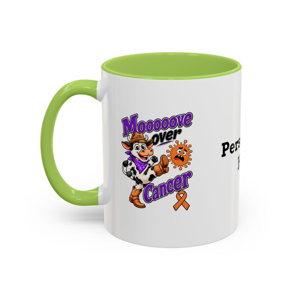 Moooove Over Cancer mug featuring character artwork and a purple accent handle