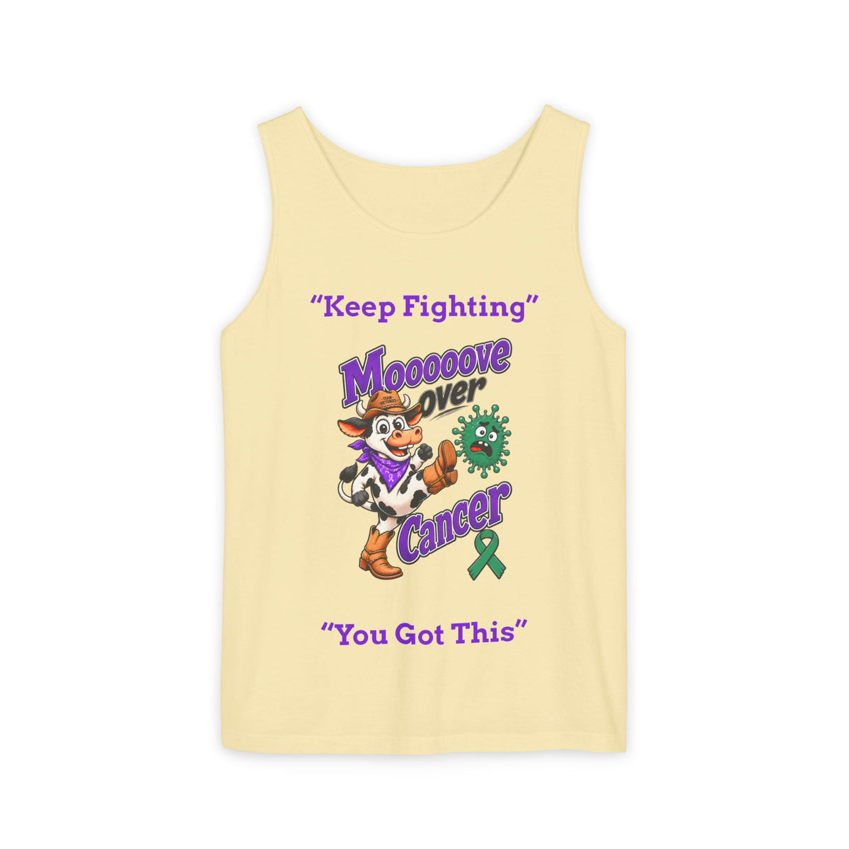 Yellow Moooove Over Cancer tank top featuring cowgirl artwork and Liver Cancer awareness ribbon