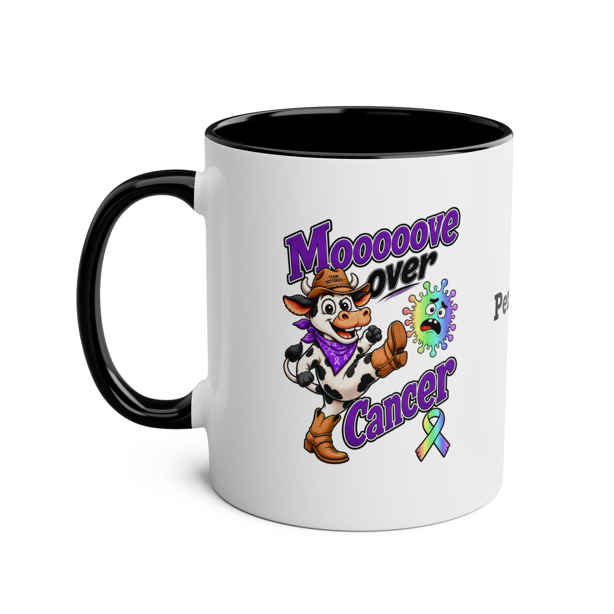 Black two-tone Moooove Over Cancer personalized mug with colorful cancer awareness artwork