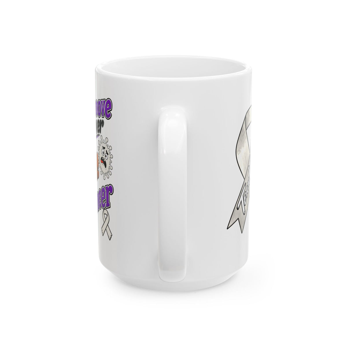 Side view of personalized Moooove Over Cancer mug with Team Victories Lung Cancer awareness ribbon