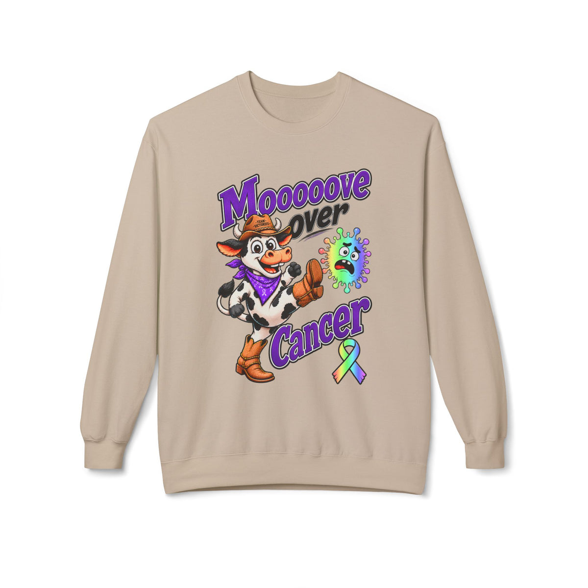 Woman modeling the Moooove Over Cancer crewneck with an all-cancer awareness ribbon