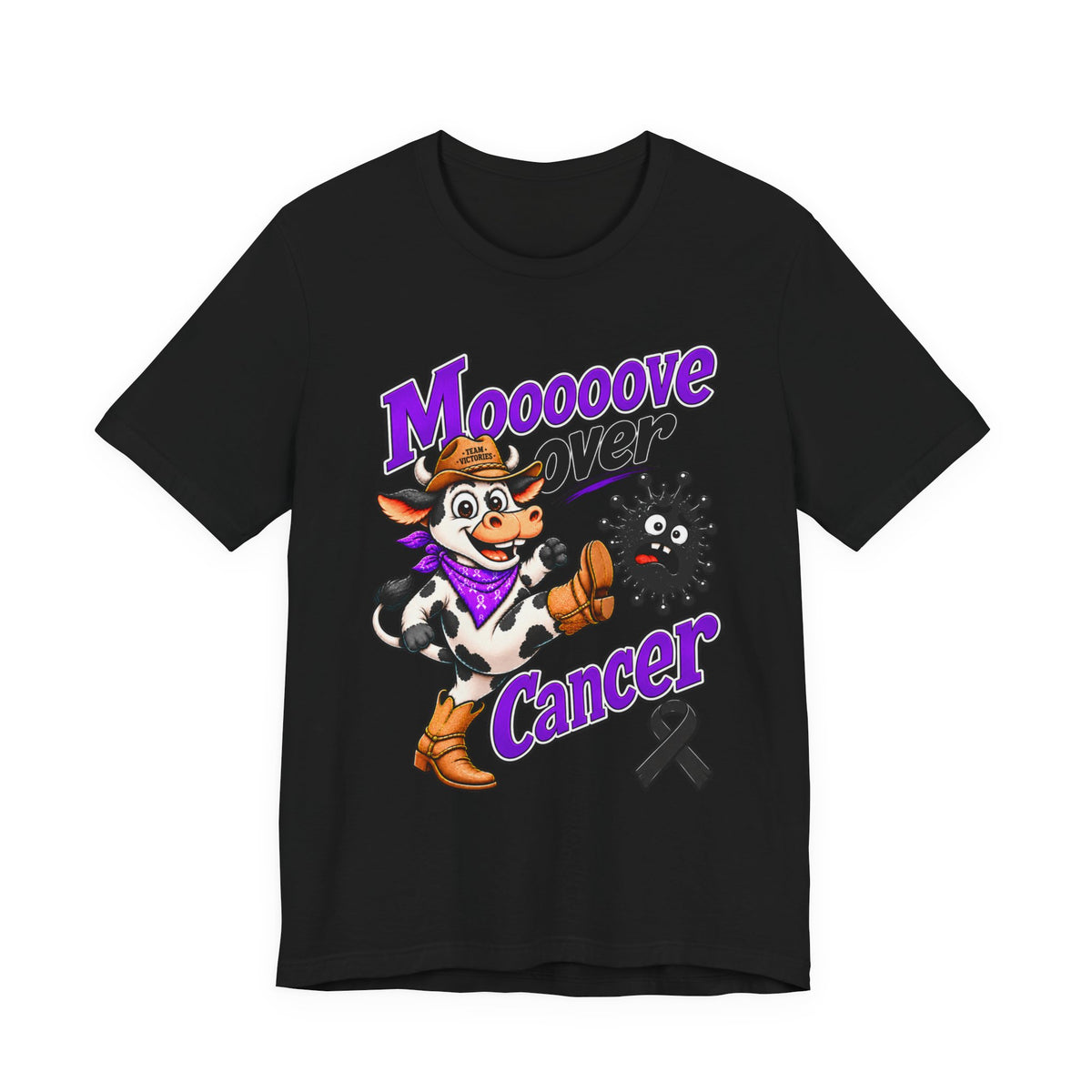 Black Moooove Over Cancer T-shirt with cow character and black Melanoma Cancer awareness ribbon