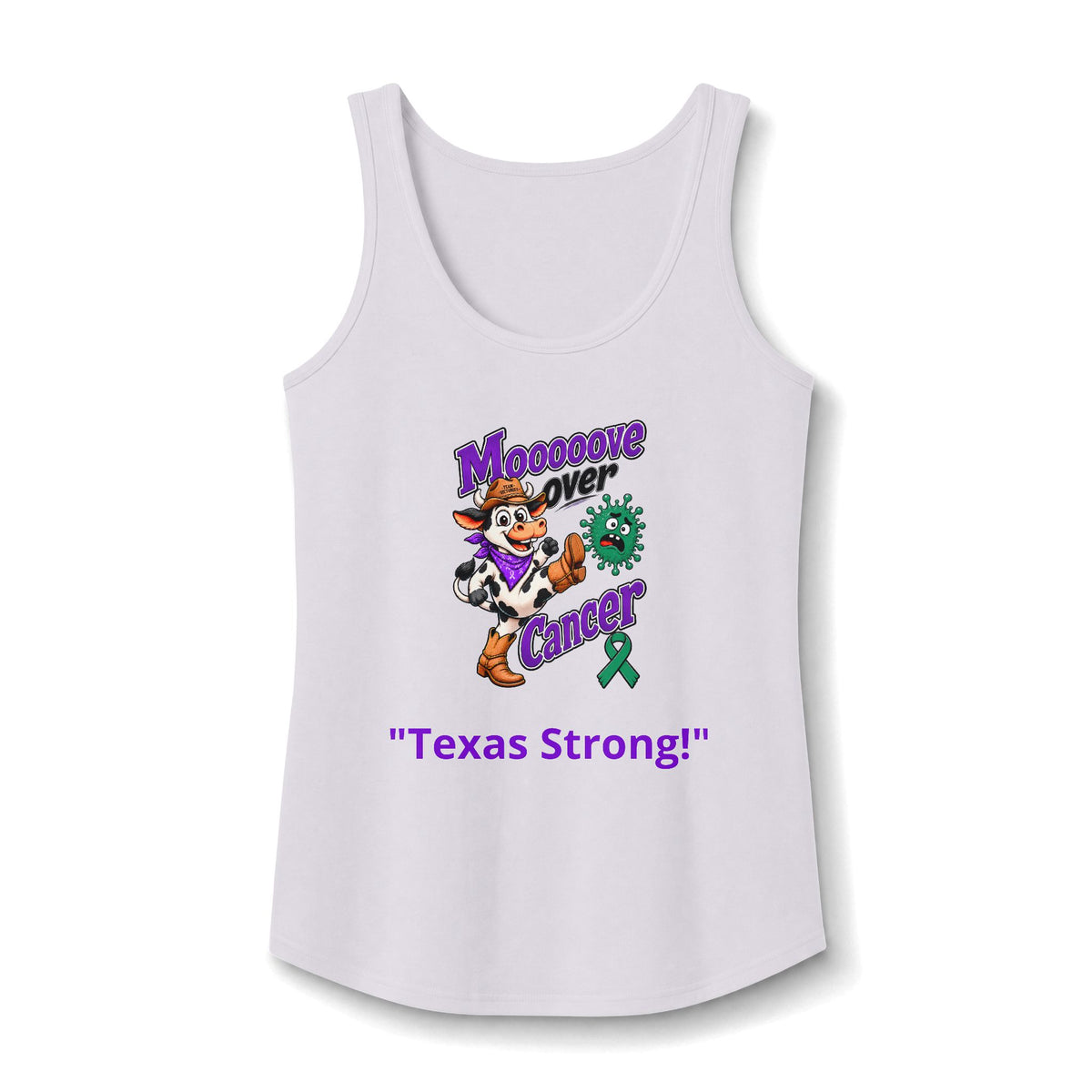 White Moooove Over Cancer Texas Strong tank top with green Liver Cancer awareness ribbon