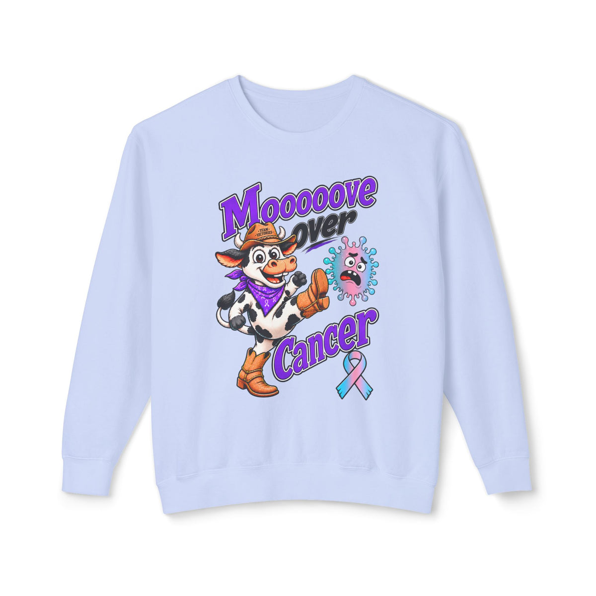 Moooove Over Cancer lavender sweatshirt with cow artwork and Thyroid Cancer awareness ribbon
