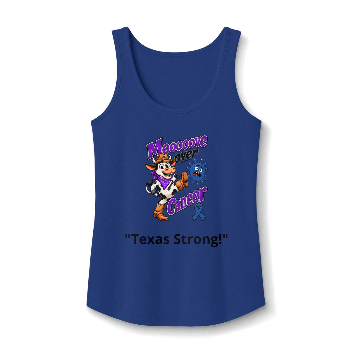Moooove Over Cancer Texas Strong tank top with Colon Cancer awareness ribbon in royal blue