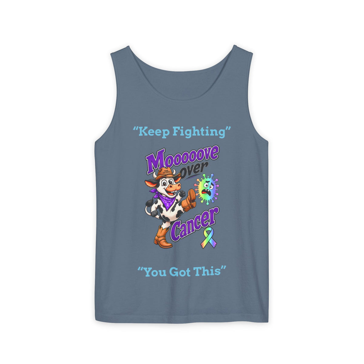 Blue-gray Moooove Over Cancer tank top with character artwork and all-cancer awareness ribbon