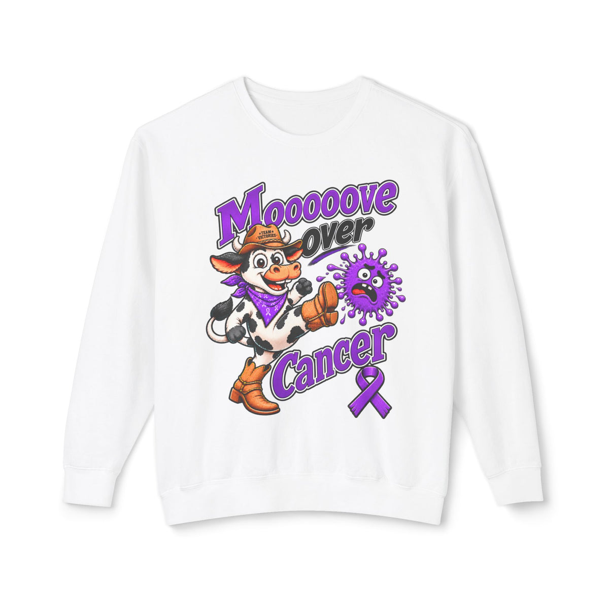 Moooove Over Cancer crewneck sweatshirt with cow design and Pancreatic Cancer awareness ribbon