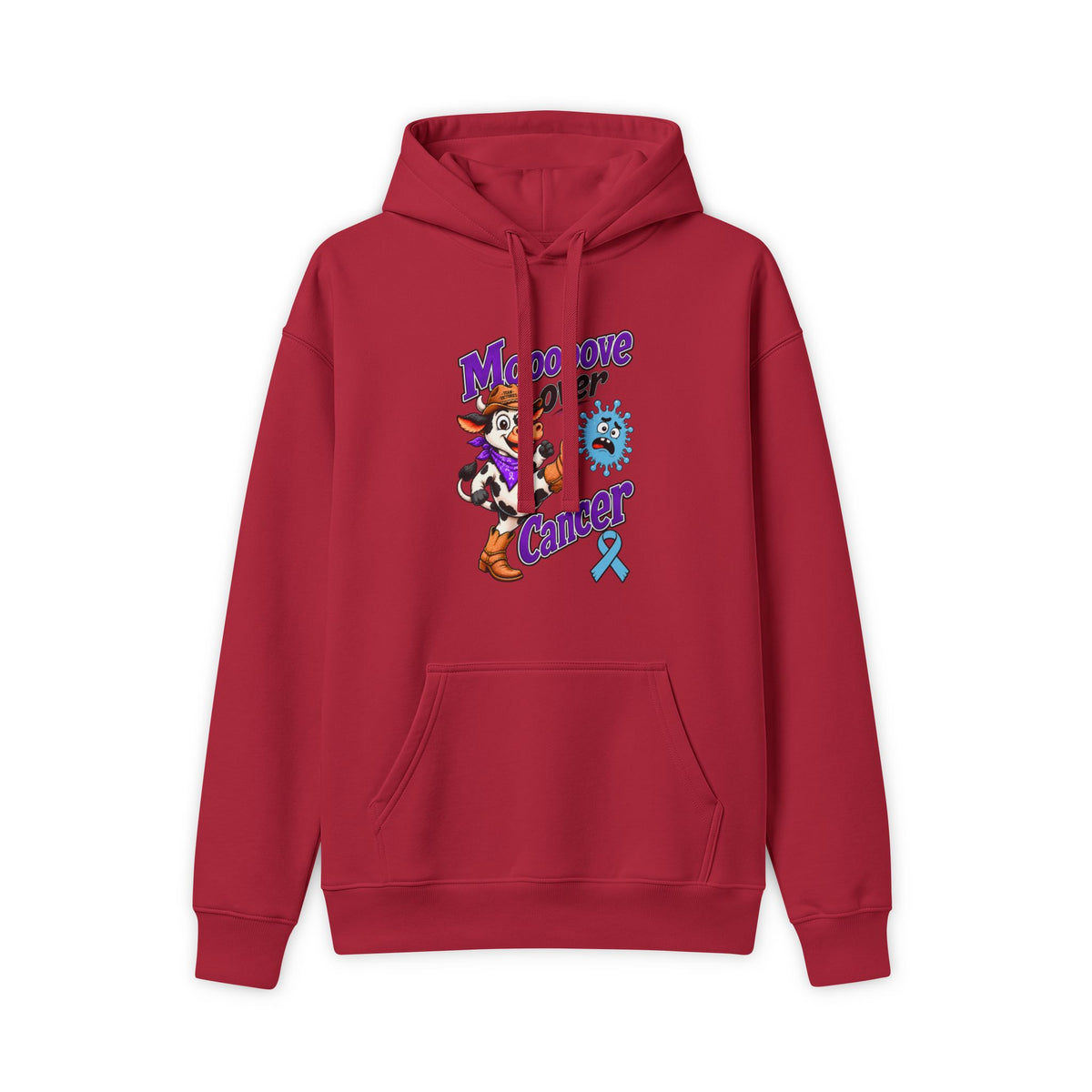 Red Moooove Over Cancer hoodie with Prostate Cancer awareness ribbon chest design
