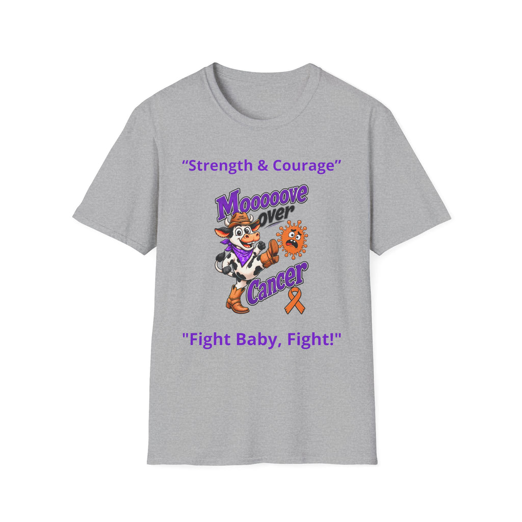 Gray Moooove Over Cancer T-shirt showing Strength & Courage and Leukemia/Kidney Cancer awareness ribbon