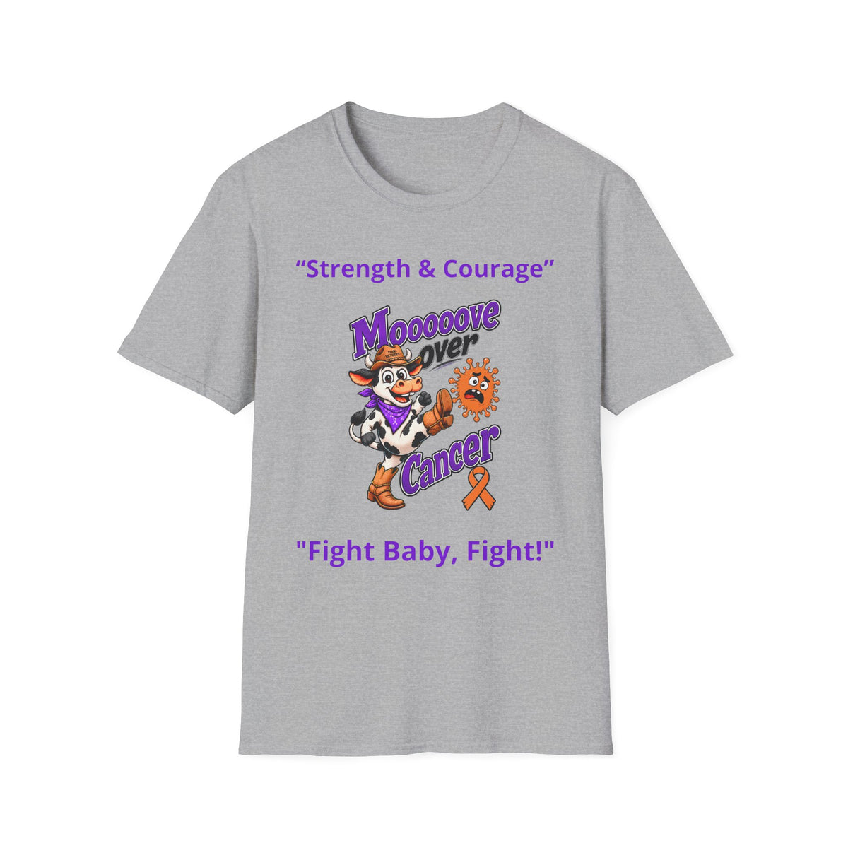 Gray Moooove Over Cancer T-shirt showing Strength & Courage and Leukemia/Kidney Cancer awareness ribbon