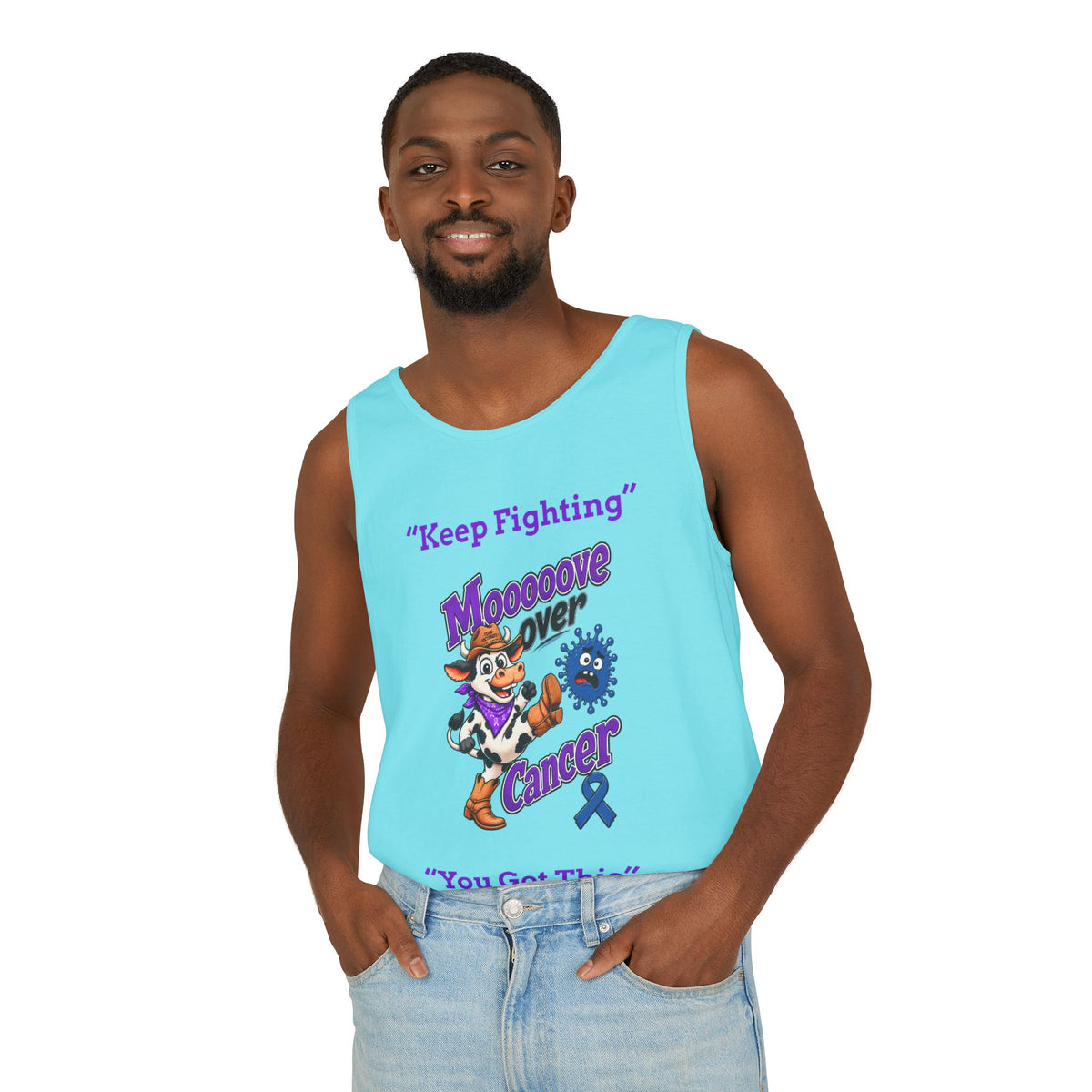 Woman wearing blue Moooove Over Cancer tank top with Colon Cancer awareness ribbon