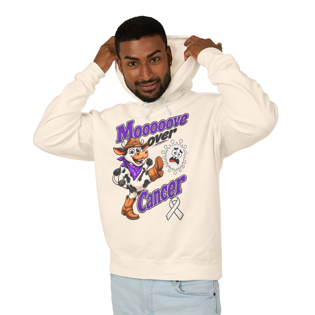 Model wearing the Moooove Over Cancer hoodie with Lung Cancer awareness ribbon artwork