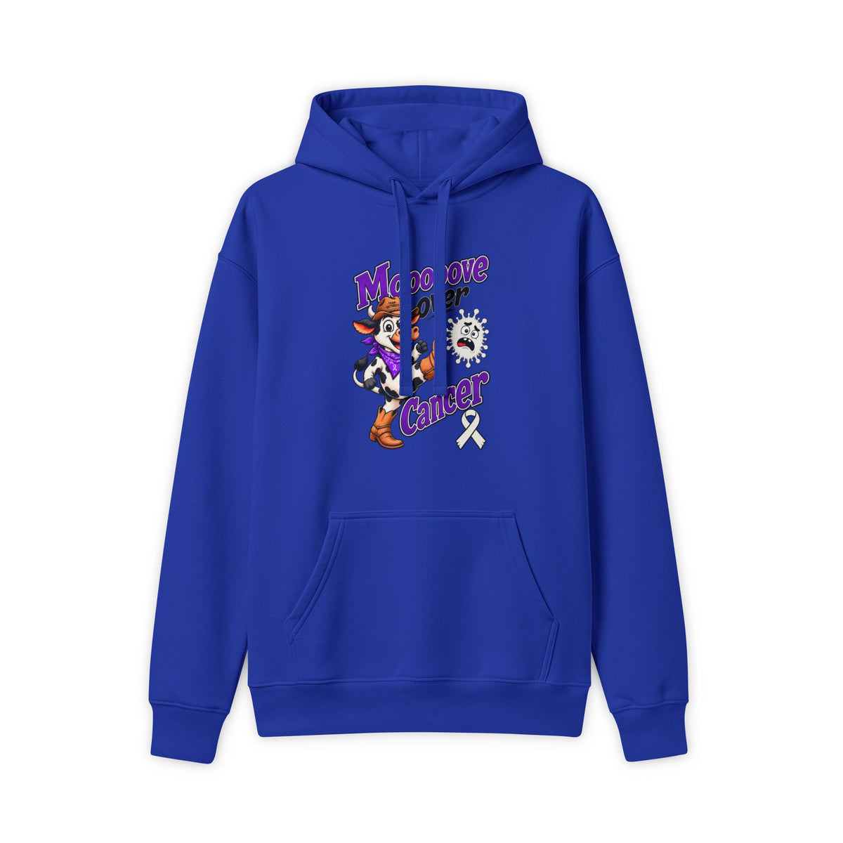 Moooove Over Cancer hoodie in blue with Lung Cancer awareness ribbon design