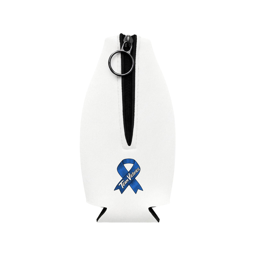 Zip closure and Colon Cancer awareness ribbon on Moooove Over Cancer bottle sleeve