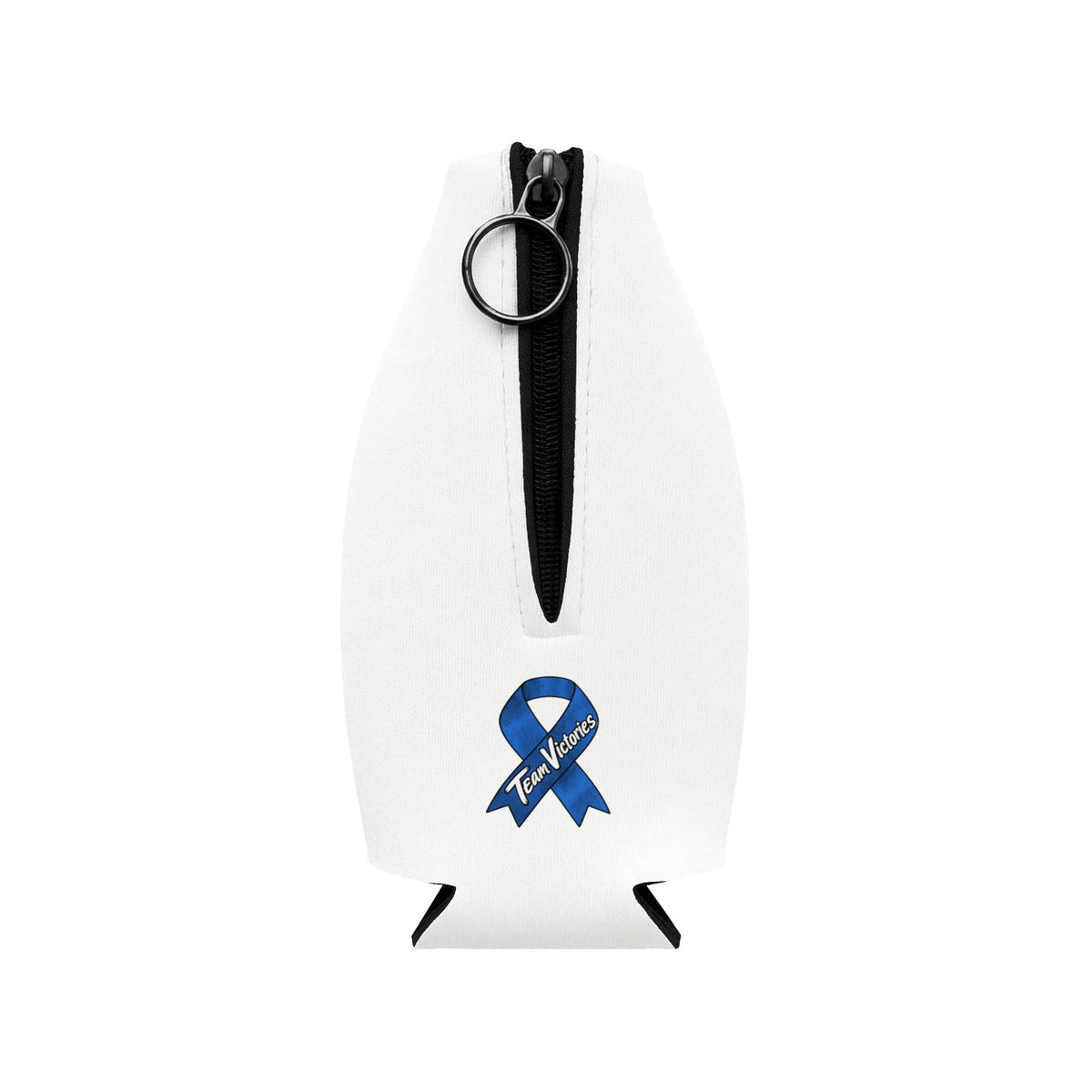 Zip closure and Colon Cancer awareness ribbon on Moooove Over Cancer bottle sleeve