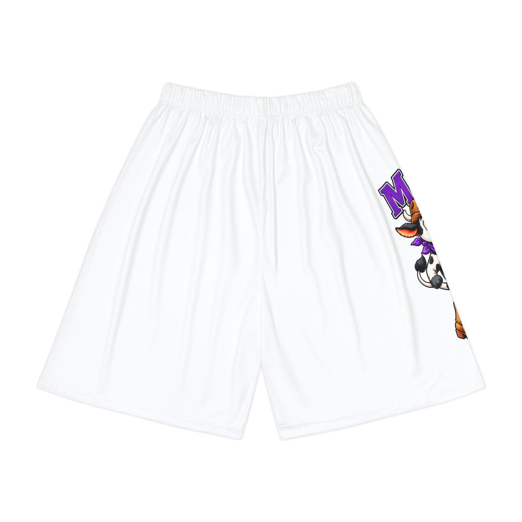 Back view of white Moooove Over Cancer sports shorts with partial printed artwork
