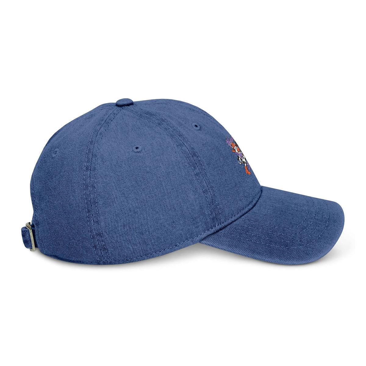 Side view of navy Moooove Over Cancer embroidered denim hat