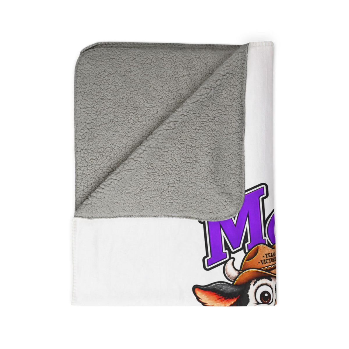 Folded Moooove Over Cancer blanket showing plush gray sherpa backing and Thyroid Cancer awareness ribbon artwork