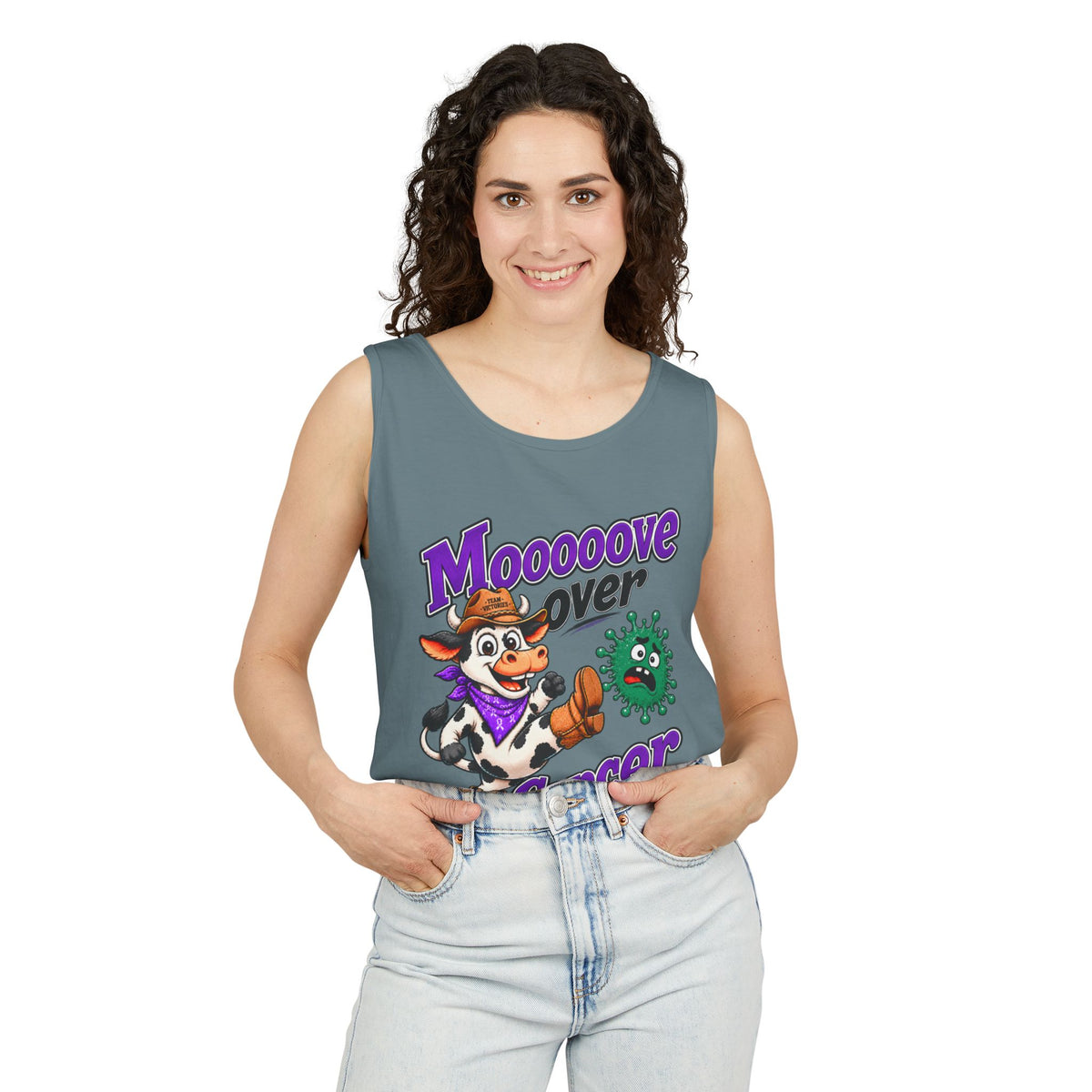 Woman modeling blue-gray Moooove Over Cancer tank top with Liver Cancer awareness ribbon