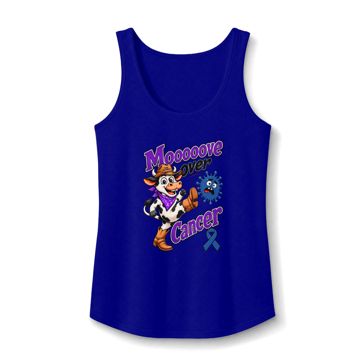 Moooove Over Cancer tank top with Colon Cancer awareness ribbon on a royal blue tank