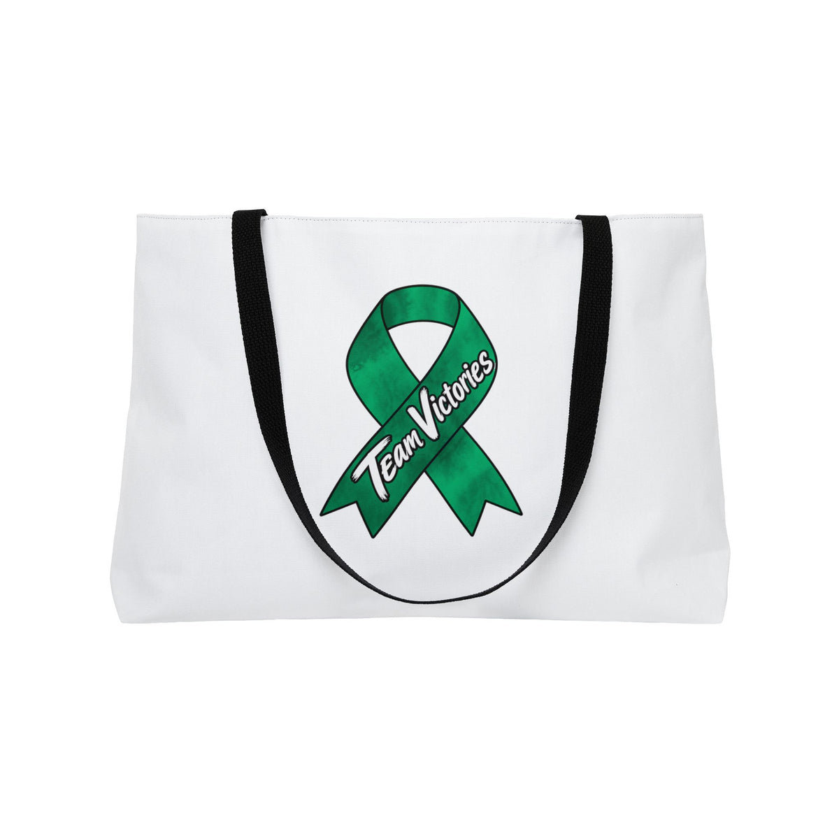 Team Victories green ribbon artwork on the back of a white weekender tote