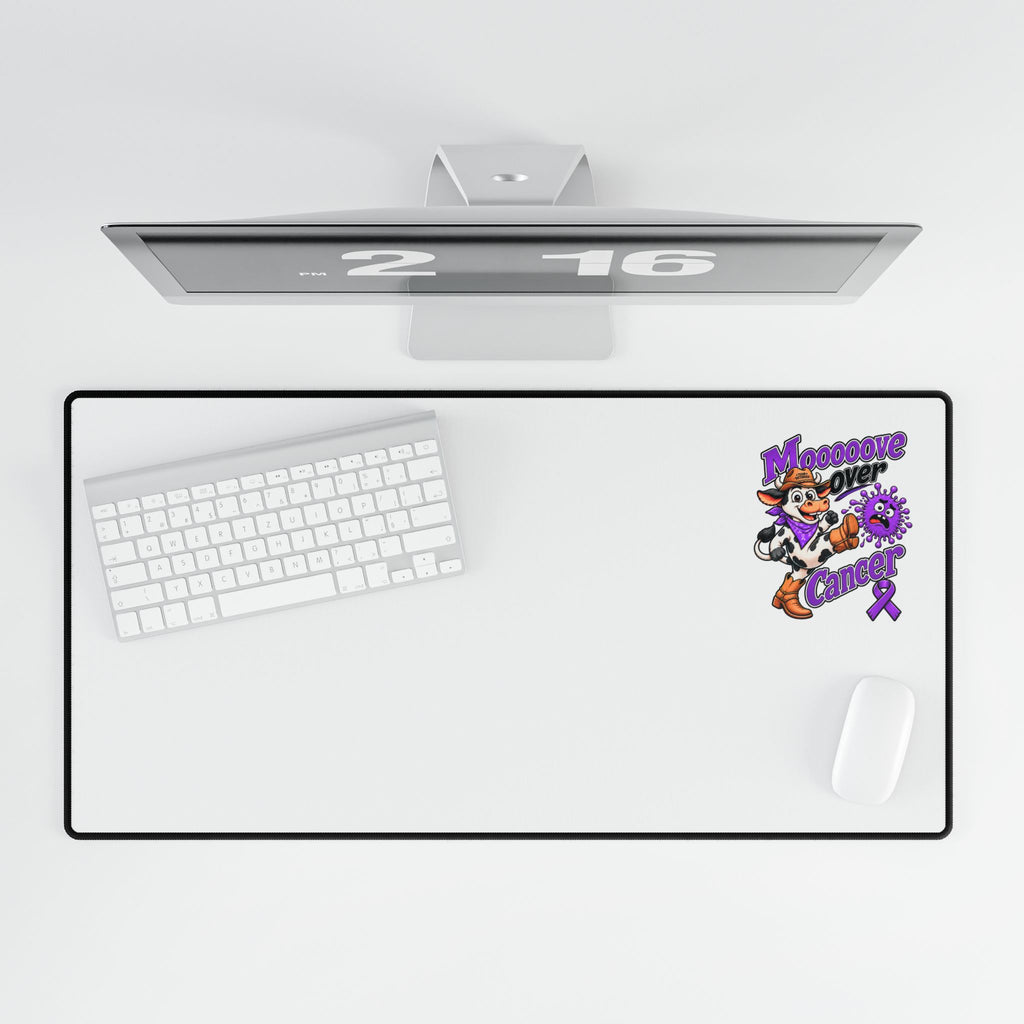 Moooove Over Cancer desk mat with keyboard and mouse, Pancreatic Cancer awareness ribbon design